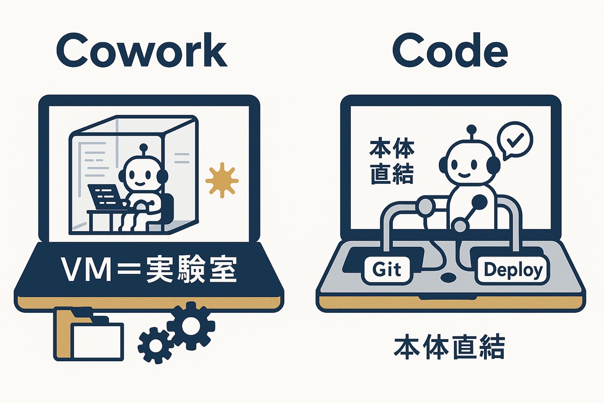 CoworkとCodeの実行環境の違い。左：Coworkはノートパソコンの中のガラスの実験室（VM）の中でロボットが作業し、火花が出ても外のフォルダや歯車には届かない。右：Codeはロボットが本体に直結し、GitとDeployの配管につながり、承認ダイアログを挟んで作業する